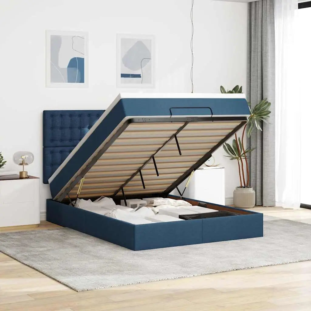 Cadre de lit ottoman avec matelas bleu 140x190 cm tissu - XIOS