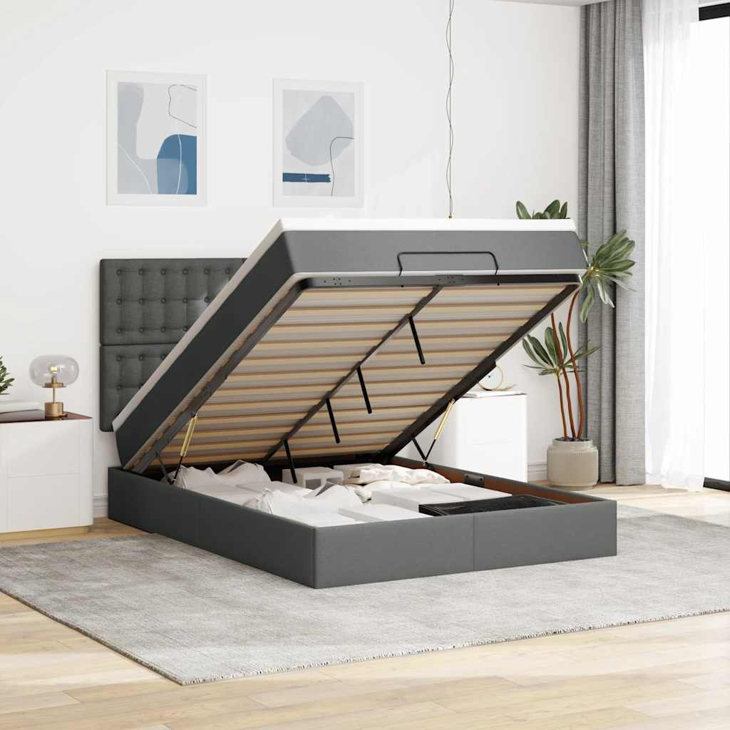 Cadre de lit ottoman avec matelas gris foncé 140x200 cm tissu - XIOS