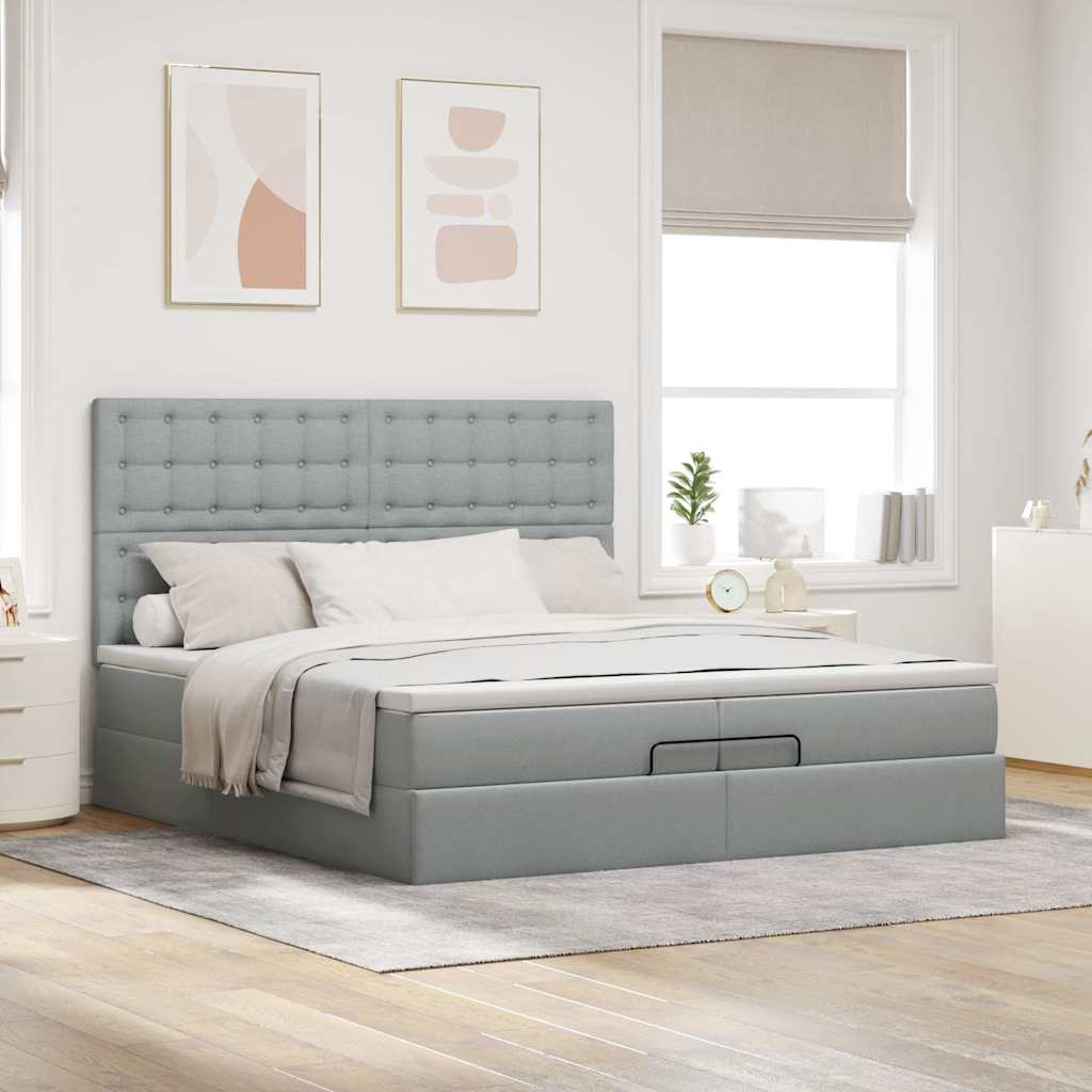 Cadre de lit ottoman et matelas gris clair 200x200cm tissu - XIOS
