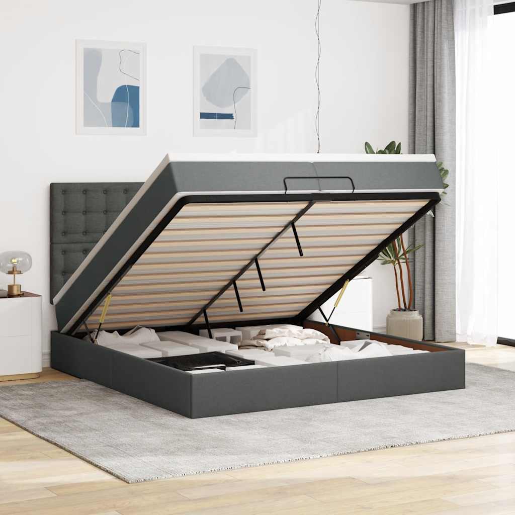 Cadre de lit ottoman avec matelas gris foncé 200x200cm tissu - XIOS