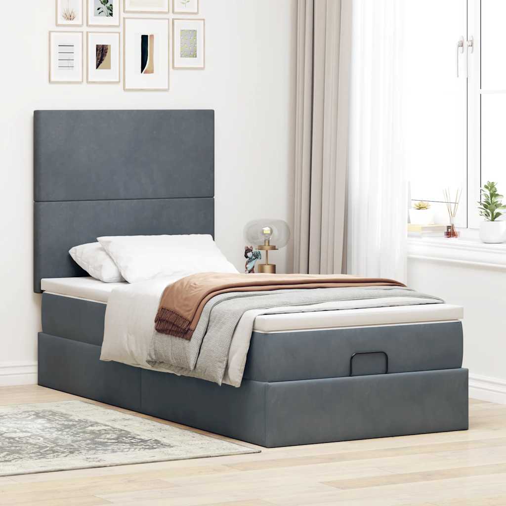 Cadre de lit ottoman avec matelas gris foncé 80x200 cm velours - XIOS