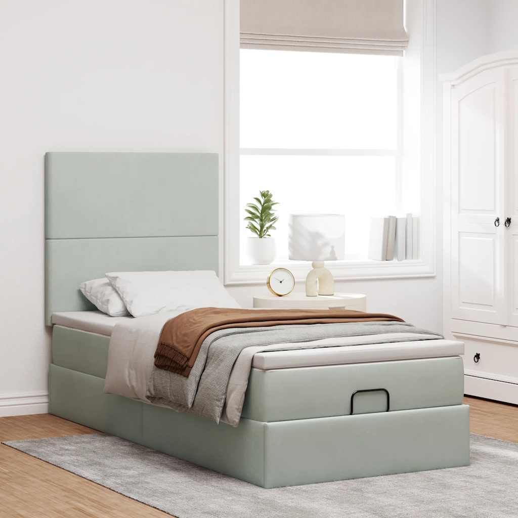 Cadre de lit ottoman et matelas gris clair 90x190 cm velours - XIOS