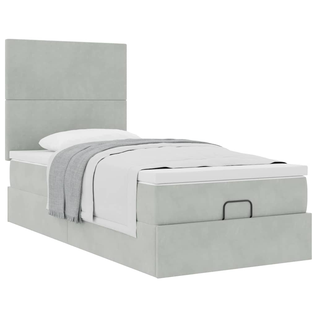 Cadre de lit ottoman et matelas gris clair 90x190 cm velours - XIOS