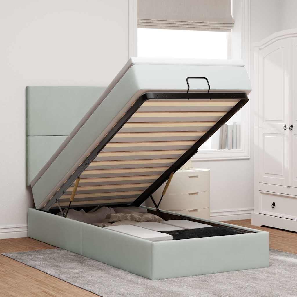 Cadre de lit ottoman et matelas gris clair 90x190 cm velours - XIOS