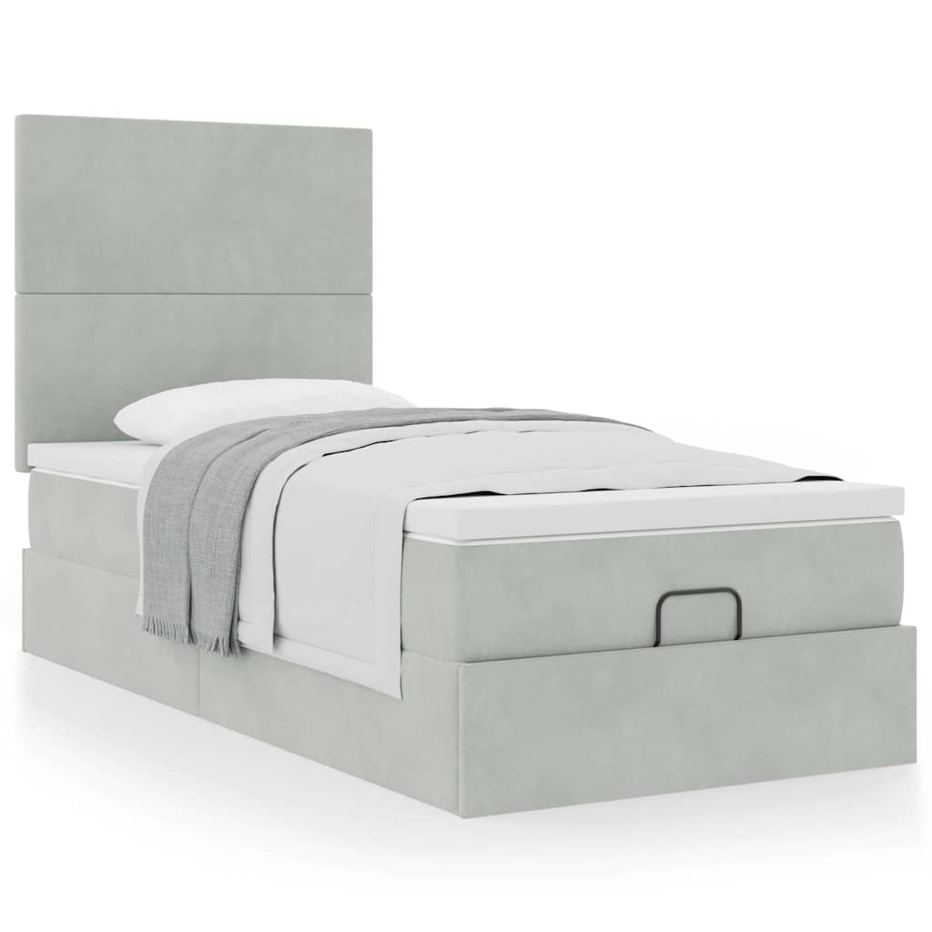 Cadre de lit ottoman et matelas gris clair 90x200 cm velours - XIOS
