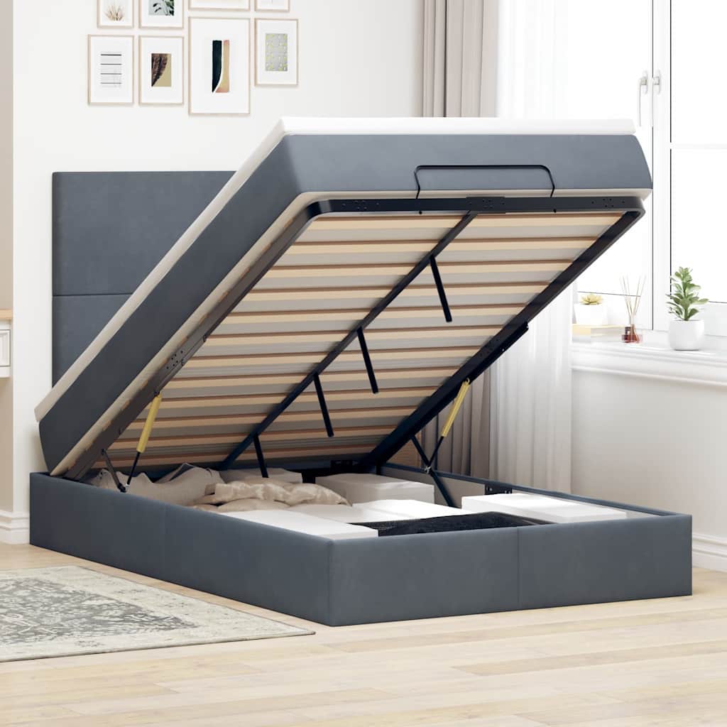 Cadre de lit ottoman avec matelas gris foncé 120x190 cm velours - XIOS