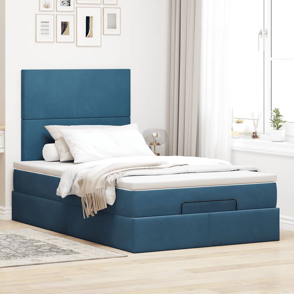 Cadre de lit ottoman avec matelas bleu foncé 120x190 cm velours - XIOS