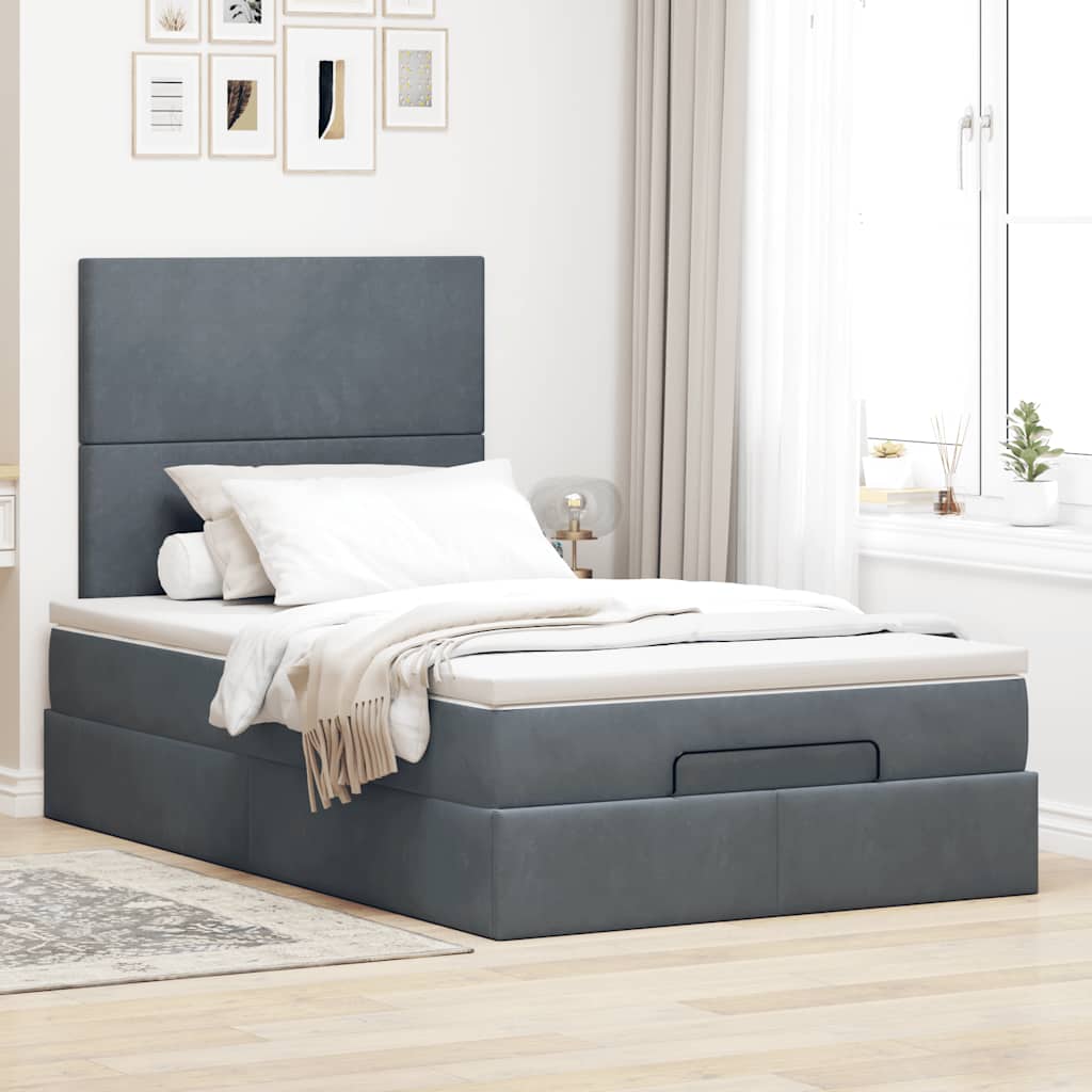 Cadre de lit ottoman et matelas gris foncé 120x200 cm velours - XIOS