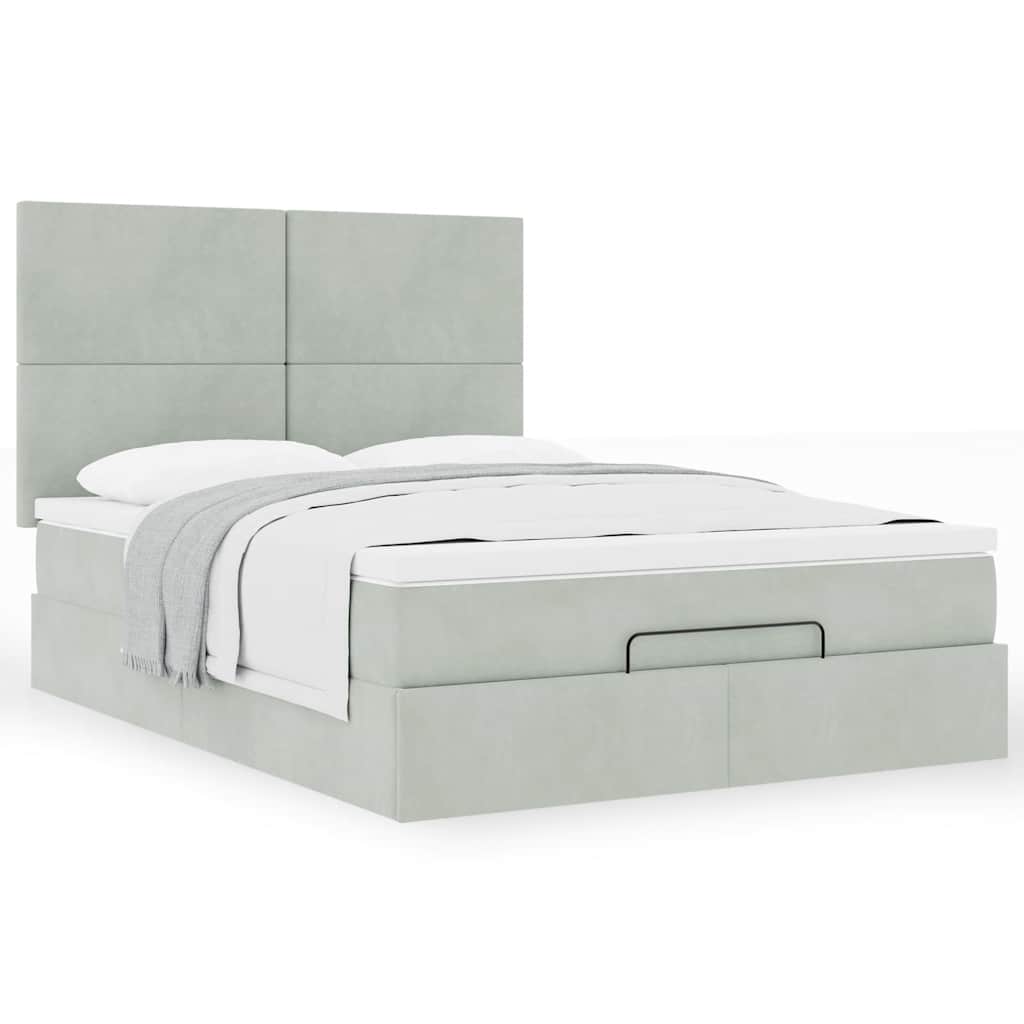 Cadre de lit ottoman et matelas gris clair 140x190 velours - XIOS