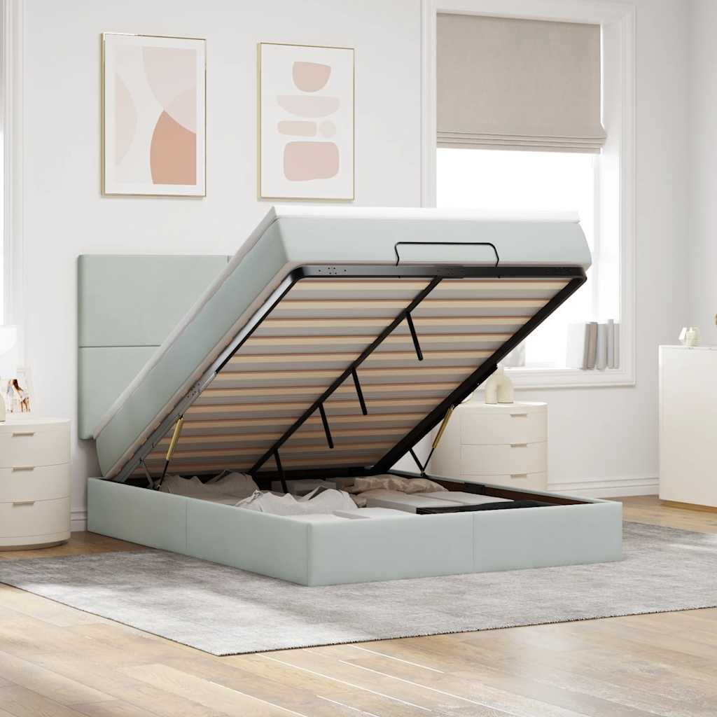 Cadre de lit ottoman et matelas gris clair 140x190 velours - XIOS
