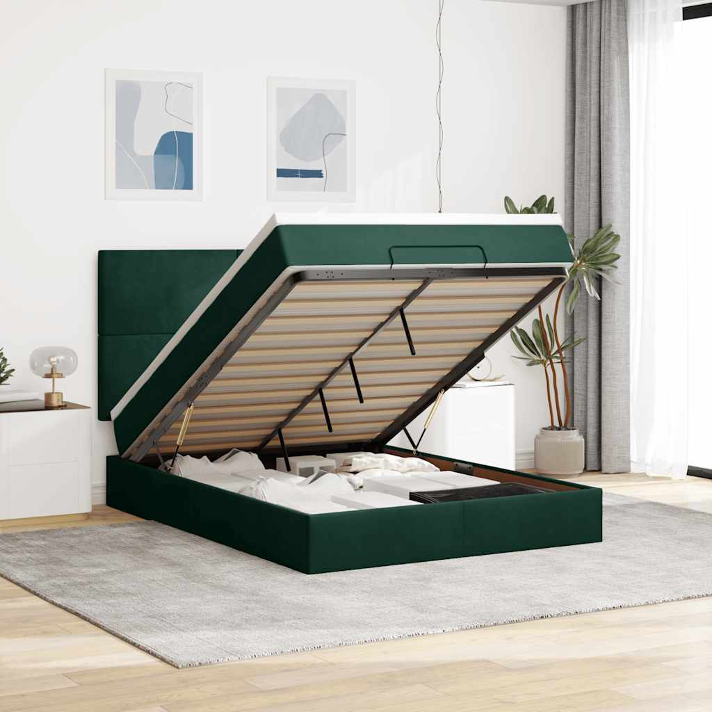 Cadre de lit ottoman avec matelas vert foncé 140x190 cm velours - XIOS