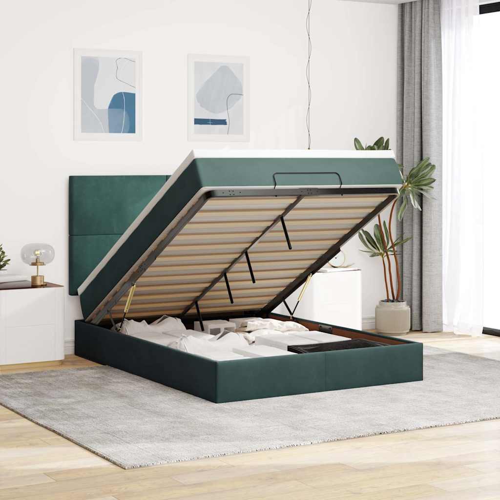 Cadre de lit ottoman avec matelas vert foncé 140x190 cm velours