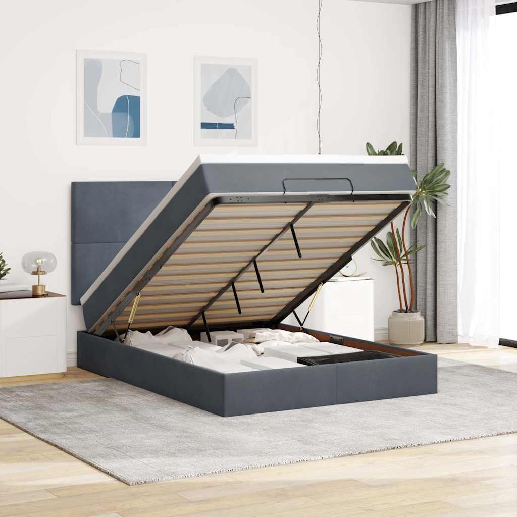 Cadre de lit ottoman avec matelas gris foncé 140x200 cm velours - XIOS