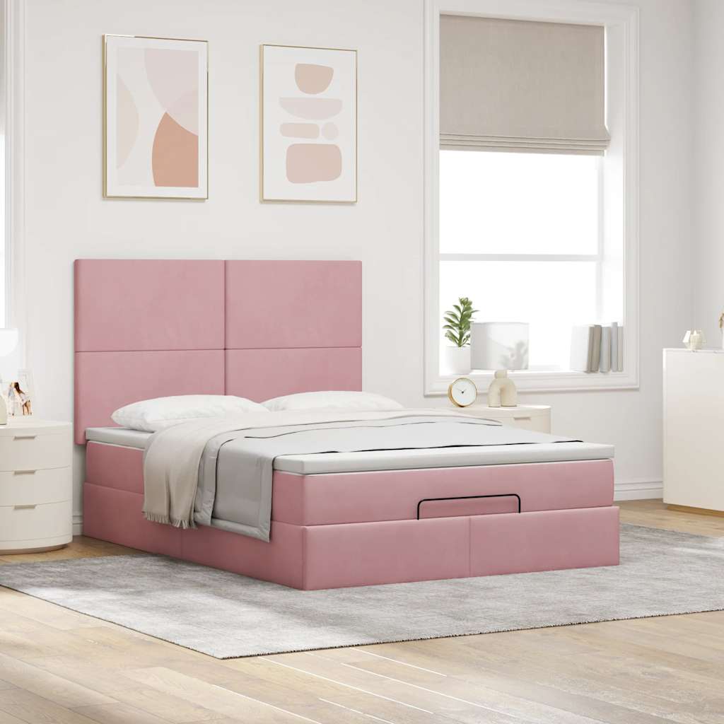 Cadre de lit ottoman avec matelas rose 140x200 cm velours - XIOS