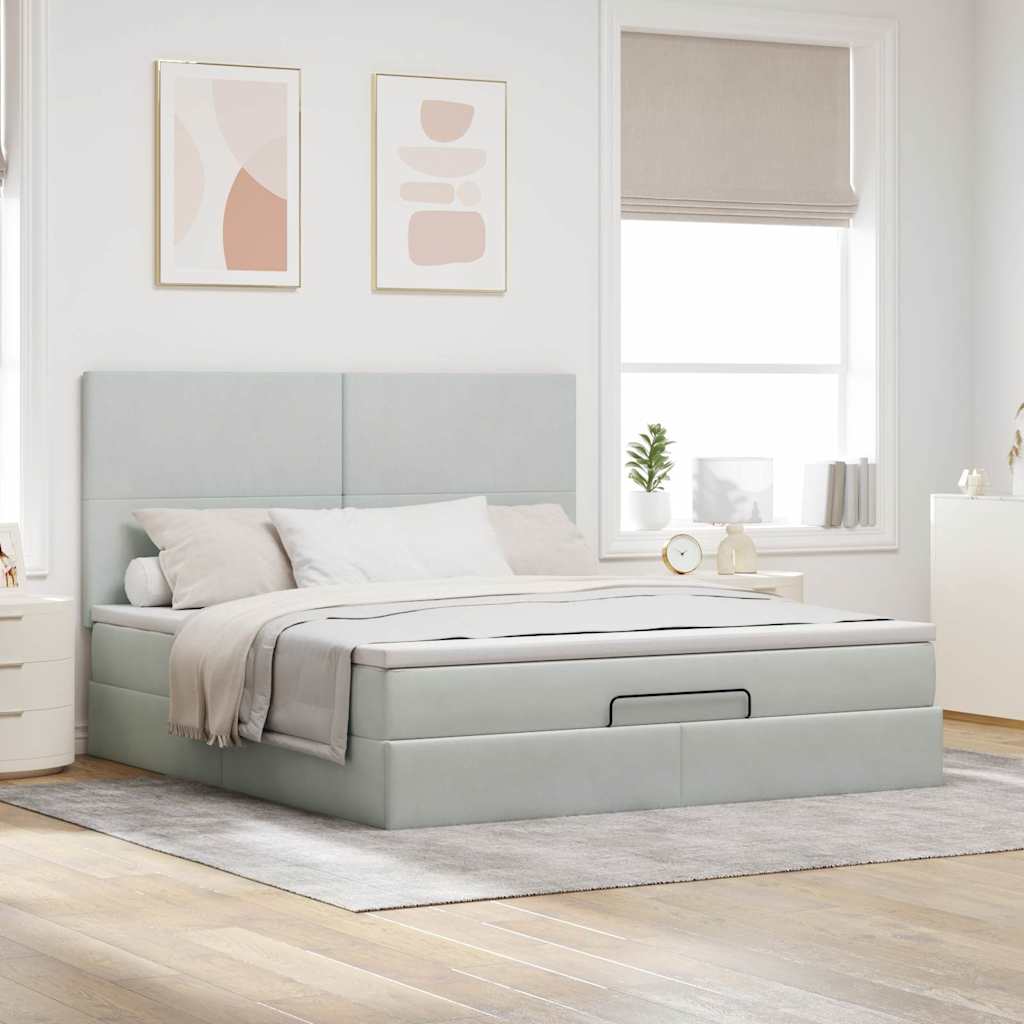 Cadre de lit ottoman et matelas gris clair 160x200cm velours - XIOS