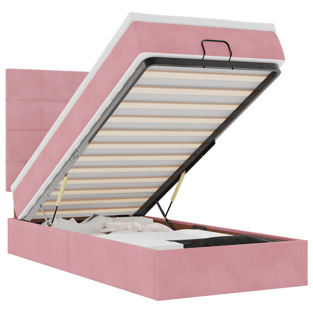 Cadre de lit ottoman avec matelas rose 80x200 cm velours - XIOS
