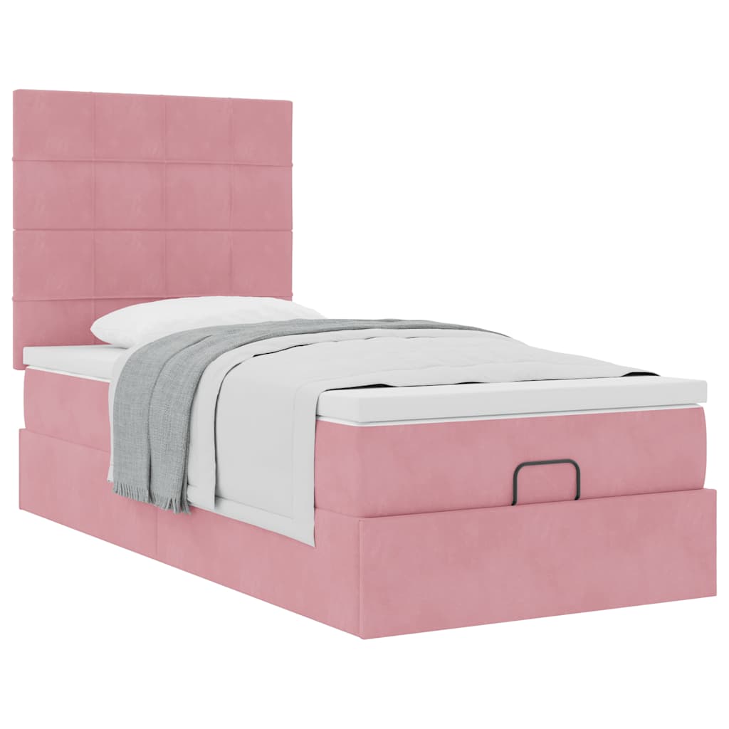 Cadre de lit ottoman avec matelas rose 80x200 cm velours - XIOS