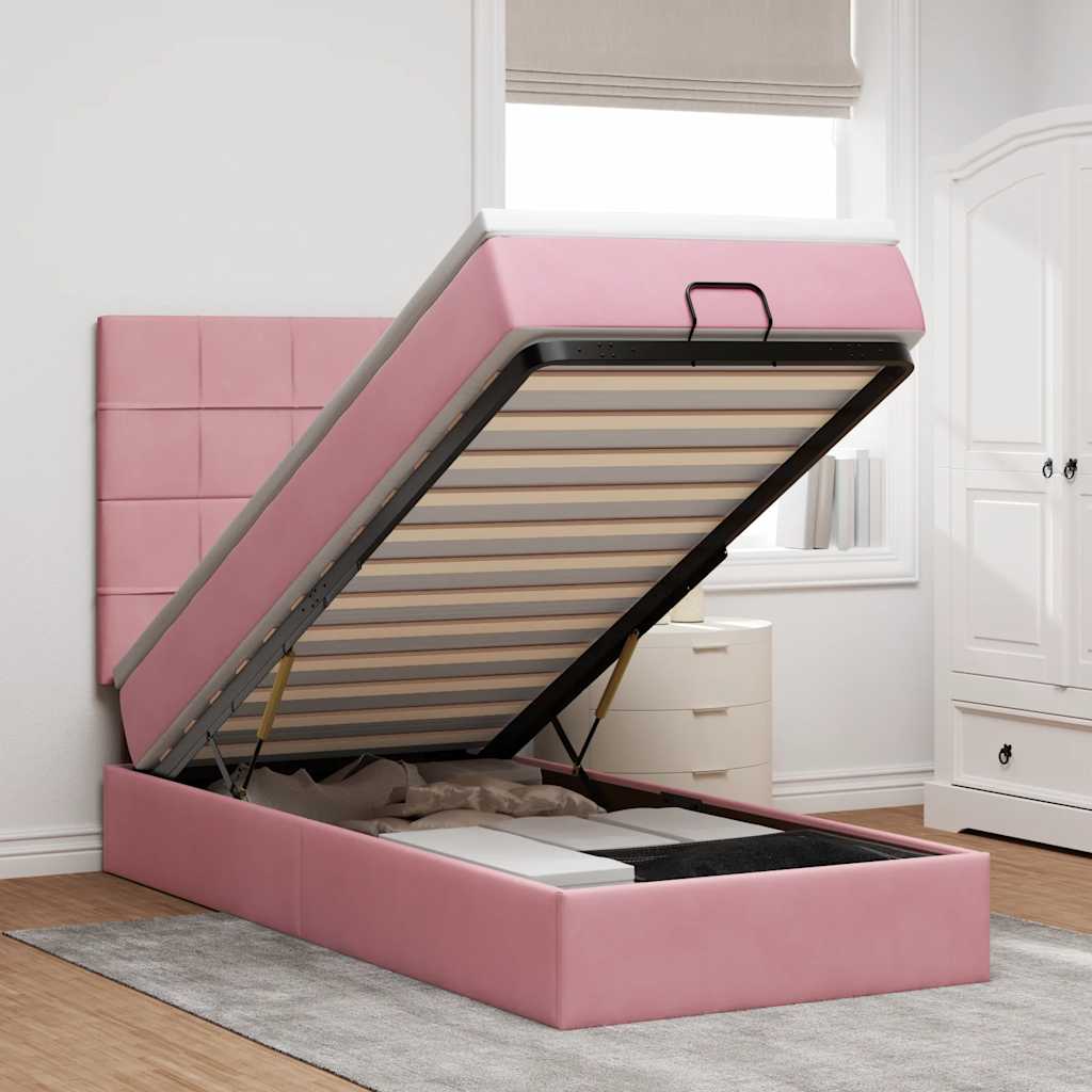 Cadre de lit ottoman avec matelas rose 80x200 cm velours - XIOS