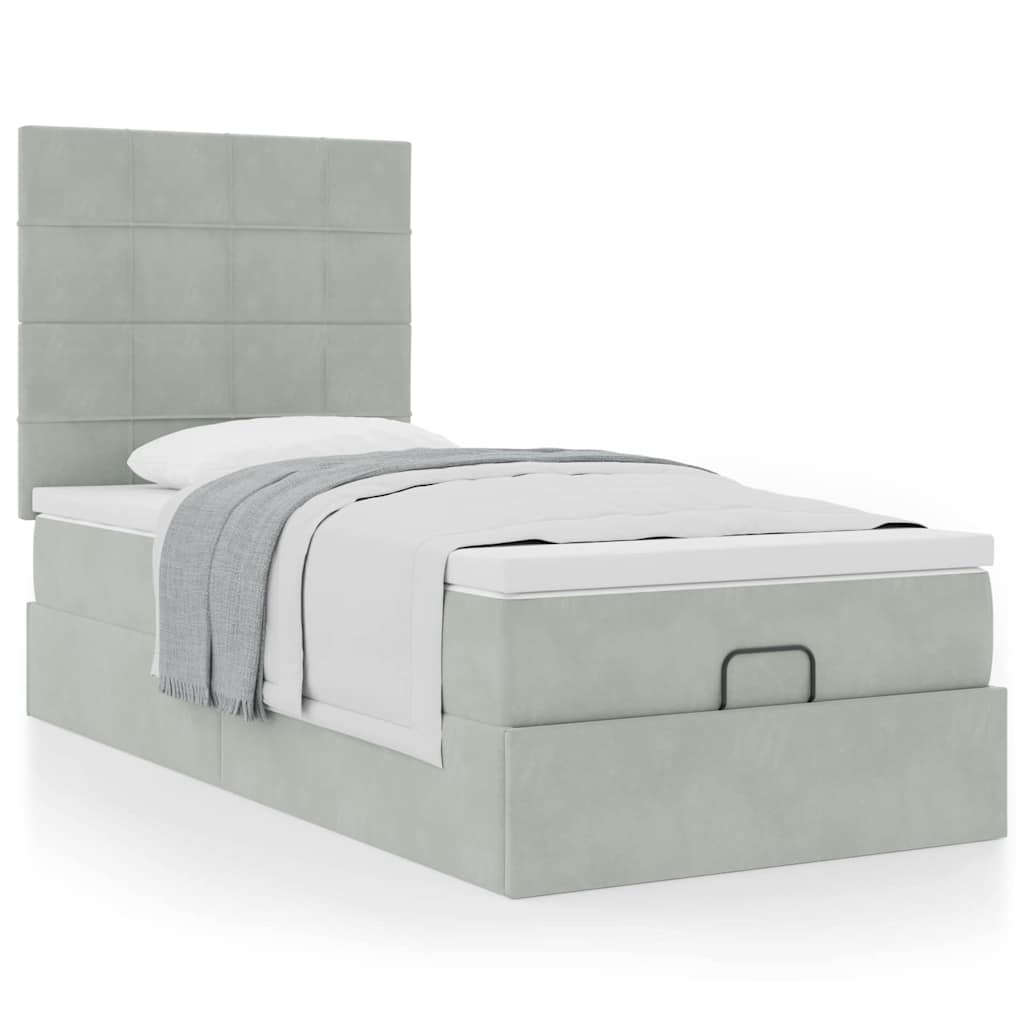 Cadre de lit ottoman et matelas gris clair 90x190 cm velours - XIOS