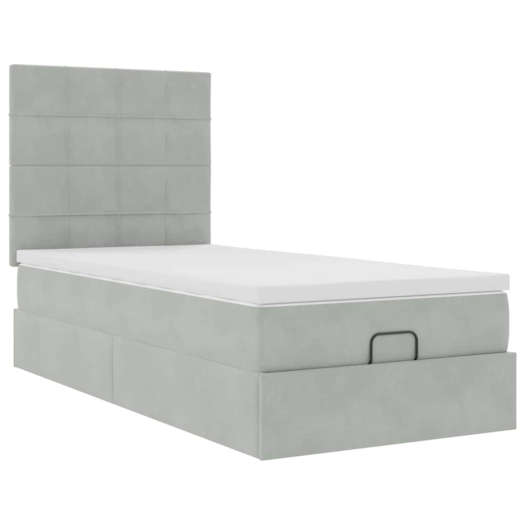 Cadre de lit ottoman et matelas gris clair 90x190 cm velours - XIOS