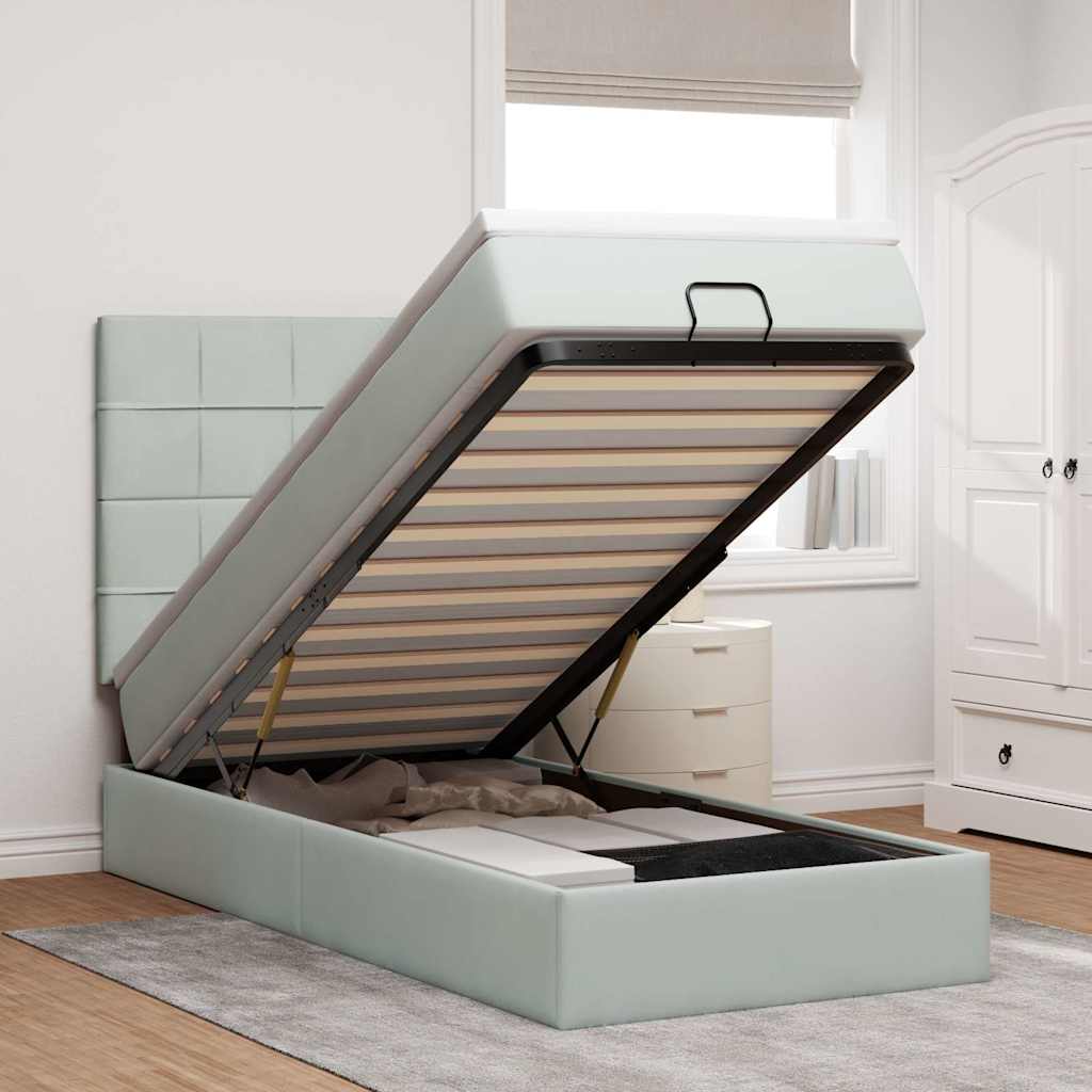 Cadre de lit ottoman et matelas gris clair 90x190 cm velours - XIOS