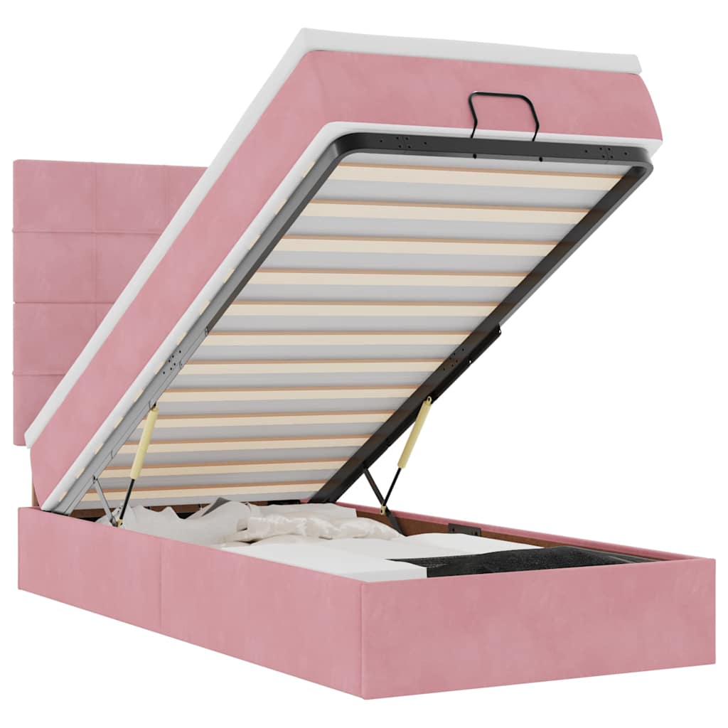 Cadre de lit ottoman avec matelas rose 90x190 cm velours - XIOS