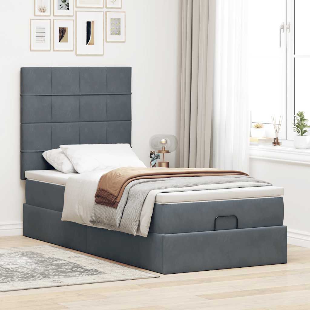 Cadre de lit ottoman et matelas gris foncé 90x200 cm velours - XIOS
