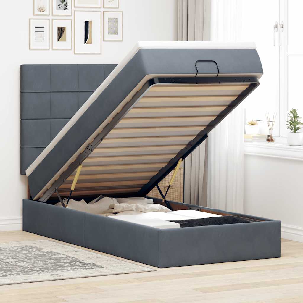 Cadre de lit ottoman et matelas gris foncé 90x200 cm velours - XIOS