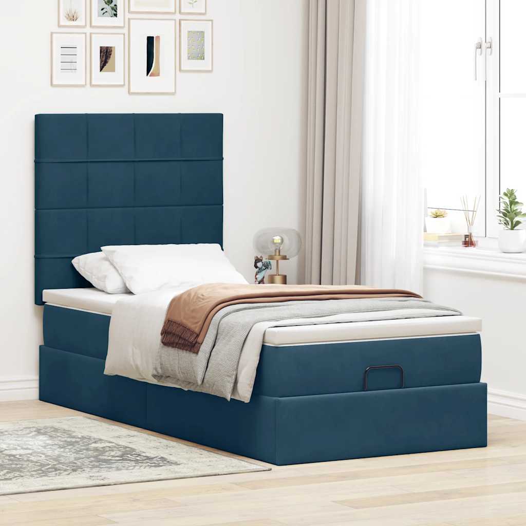 Cadre de lit ottoman avec matelas bleu foncé 90x200 cm velours - XIOS