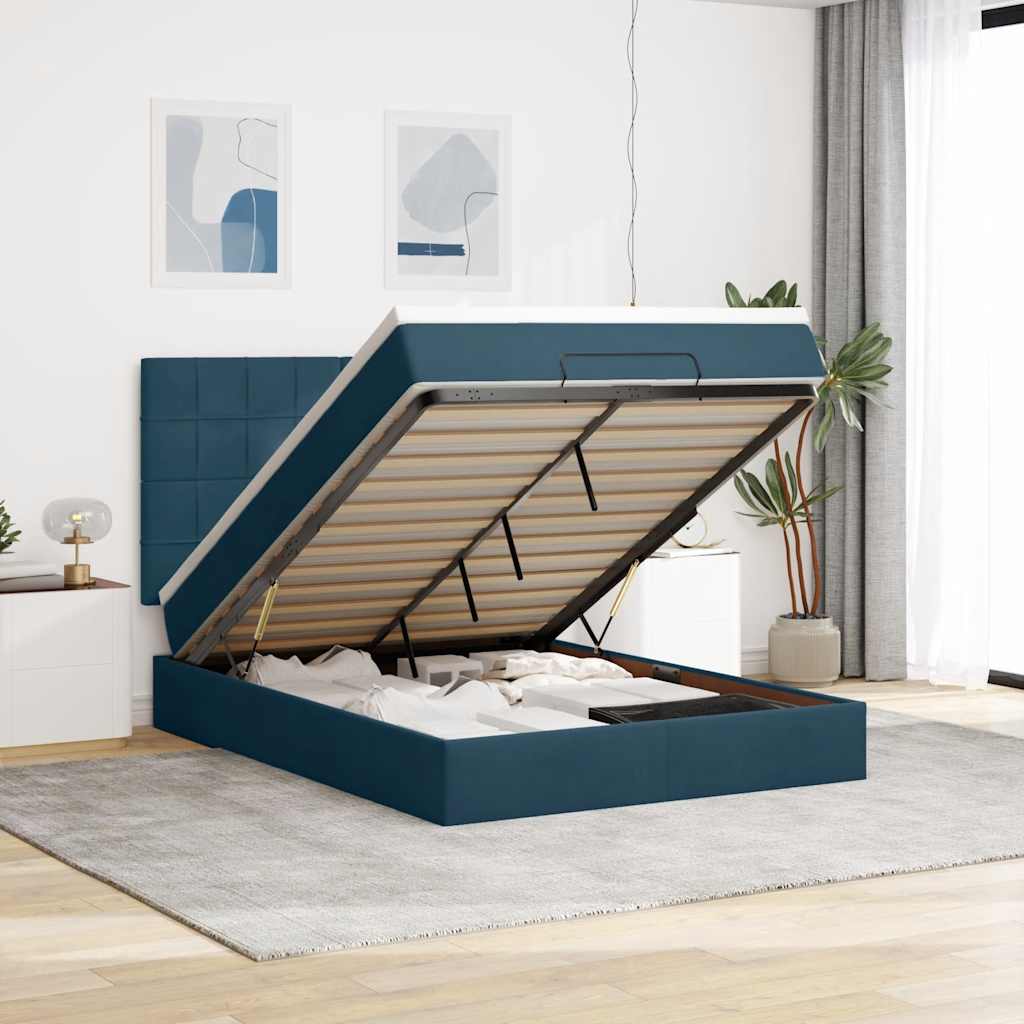 Cadre de lit ottoman avec matelas bleu foncé 140x190 cm velours - XIOS