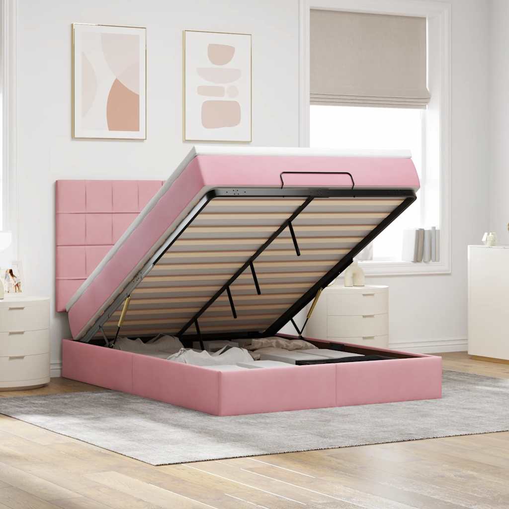 Cadre de lit ottoman avec matelas rose 140x190 cm velours - XIOS