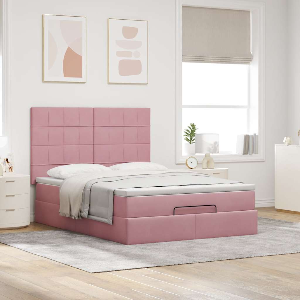 Cadre de lit ottoman avec matelas rose 140x200 cm velours - XIOS