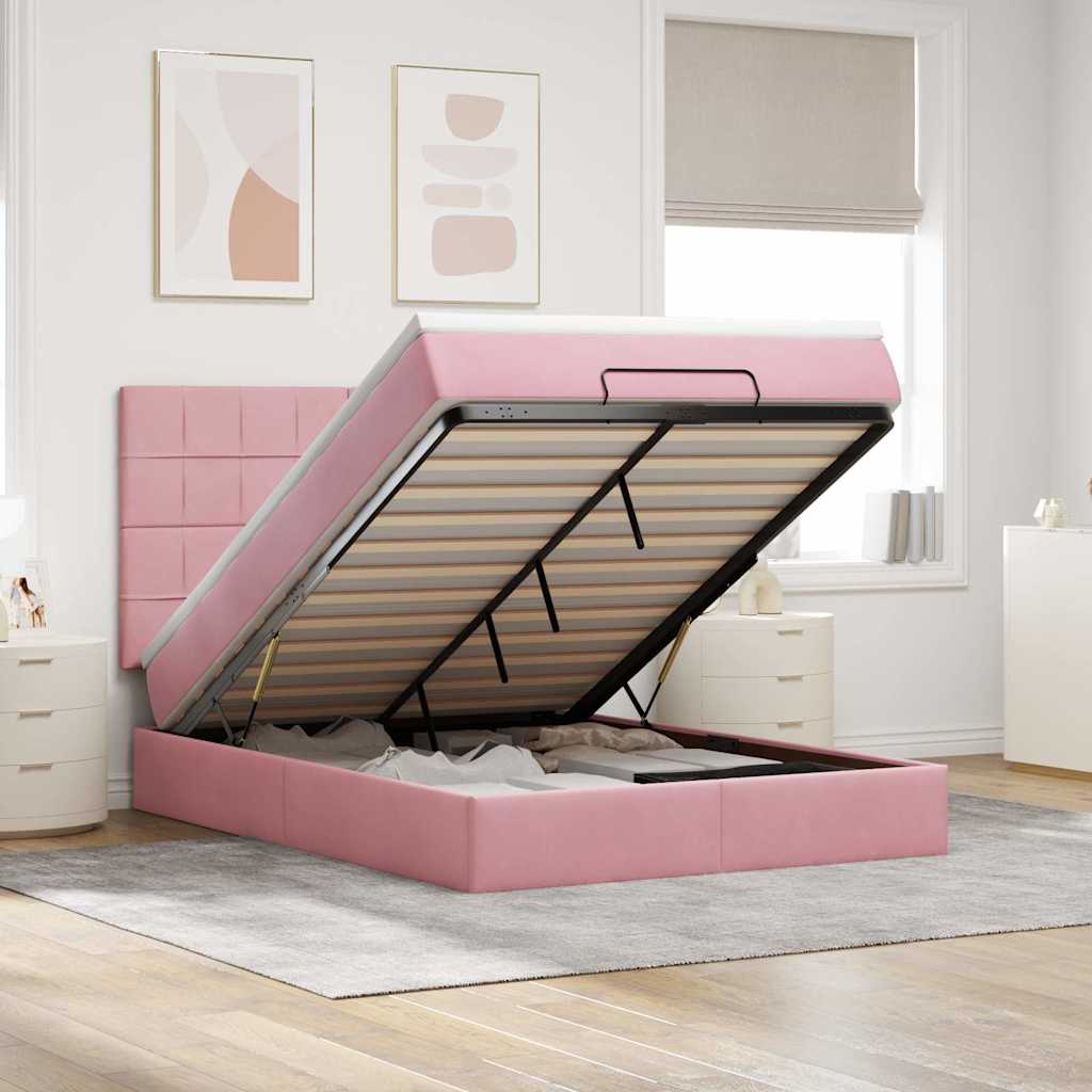 Cadre de lit ottoman avec matelas rose 140x200 cm velours