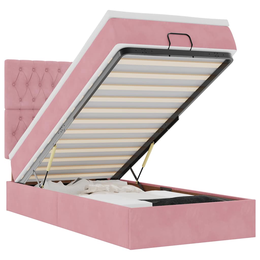 Cadre de lit ottoman avec matelas rose 80x200 cm velours - XIOS