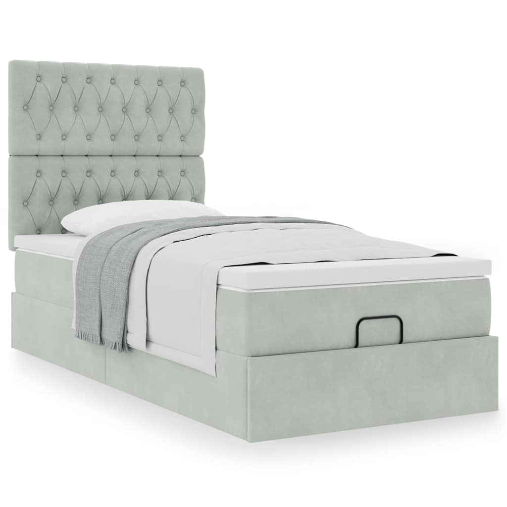 Cadre de lit ottoman et matelas gris clair 90x190 cm velours - XIOS