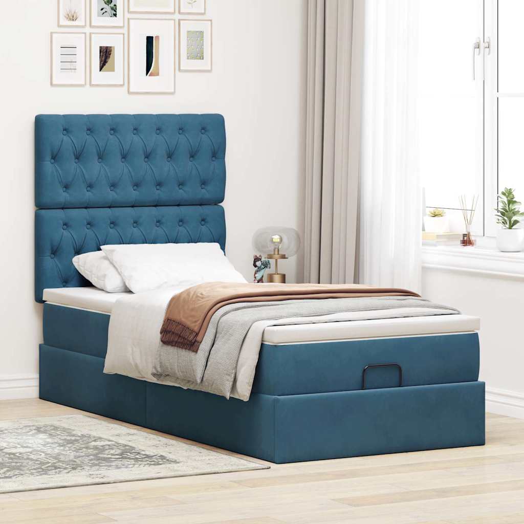 Cadre de lit ottoman avec matelas bleu foncé 90x190 cm velours - XIOS