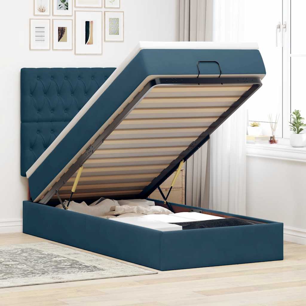 Cadre de lit ottoman avec matelas bleu foncé 90x190 cm velours