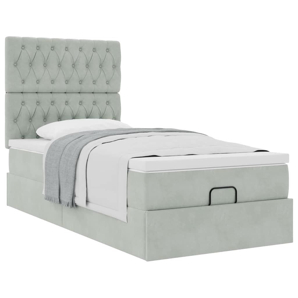 Cadre de lit ottoman et matelas gris clair 90x200 cm velours - XIOS