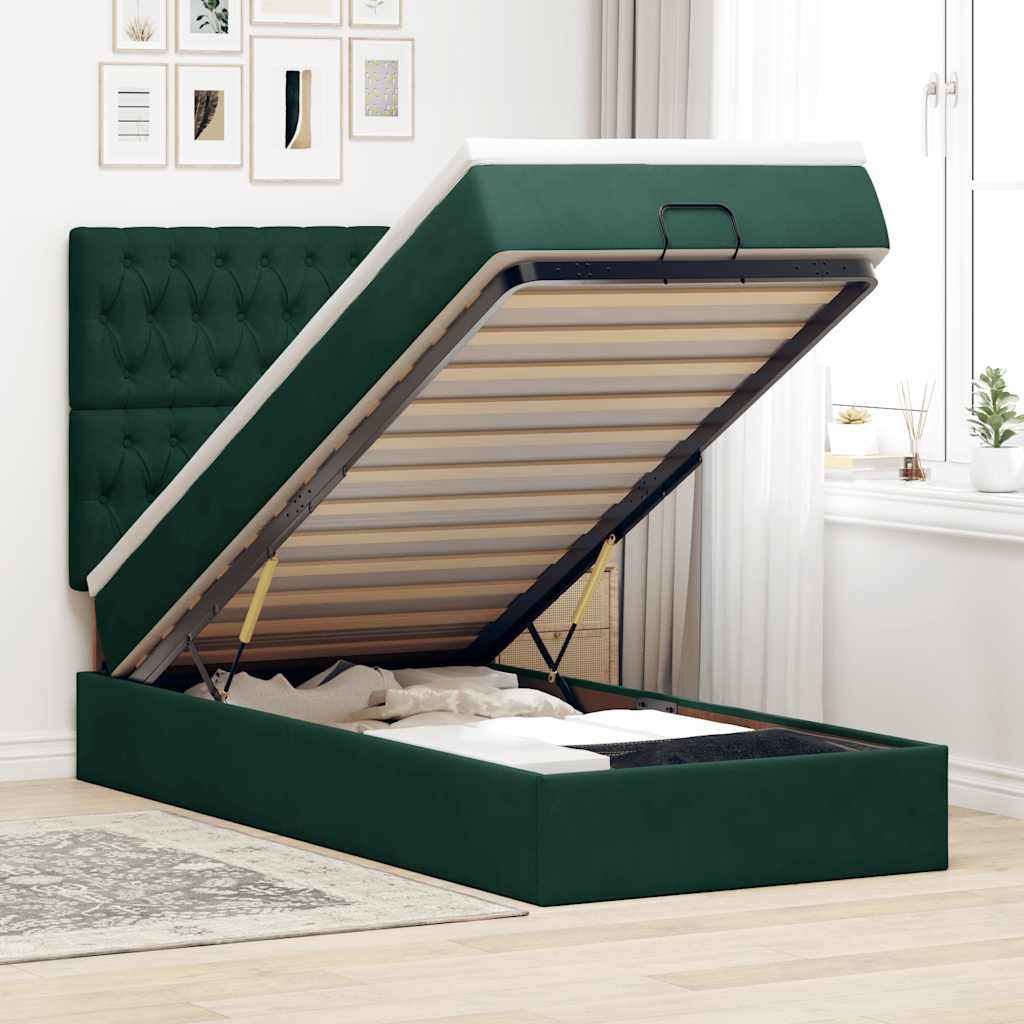 Cadre de lit ottoman avec matelas vert foncé 90x200 cm velours - XIOS