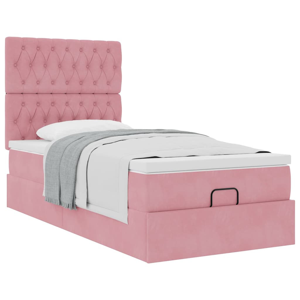 Cadre de lit ottoman avec matelas rose 90x200 cm velours - XIOS