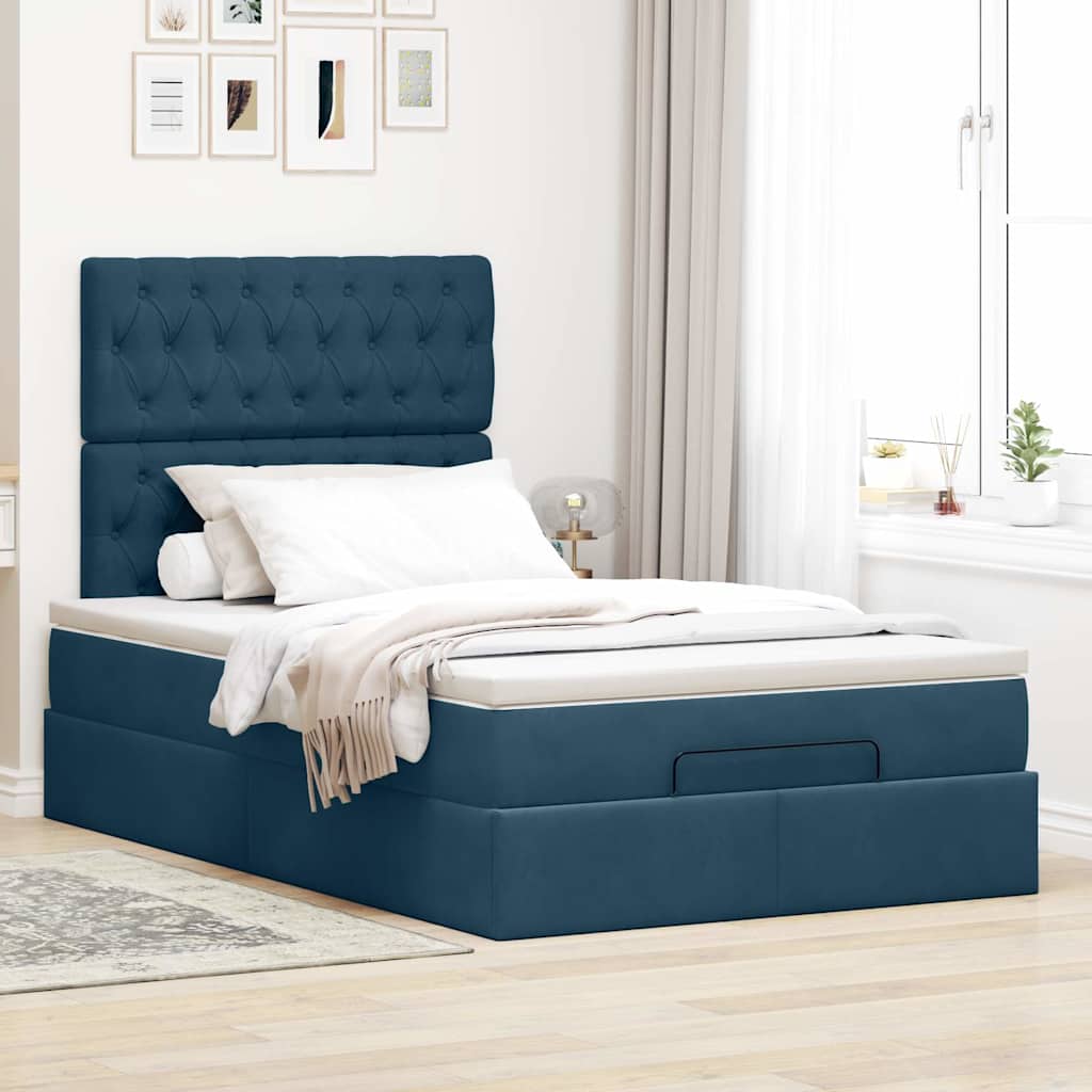 Cadre de lit ottoman avec matelas bleu foncé 120x190 cm velours