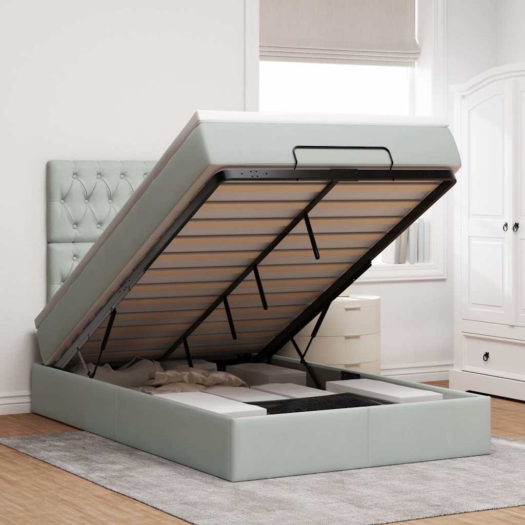 Cadre de lit ottoman et matelas gris clair 120x200 cm velours - XIOS