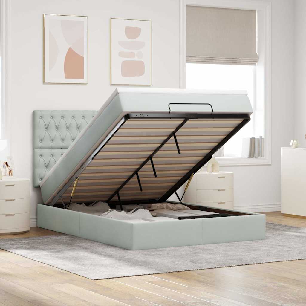 Cadre de lit ottoman et matelas gris clair 140x190 velours - XIOS
