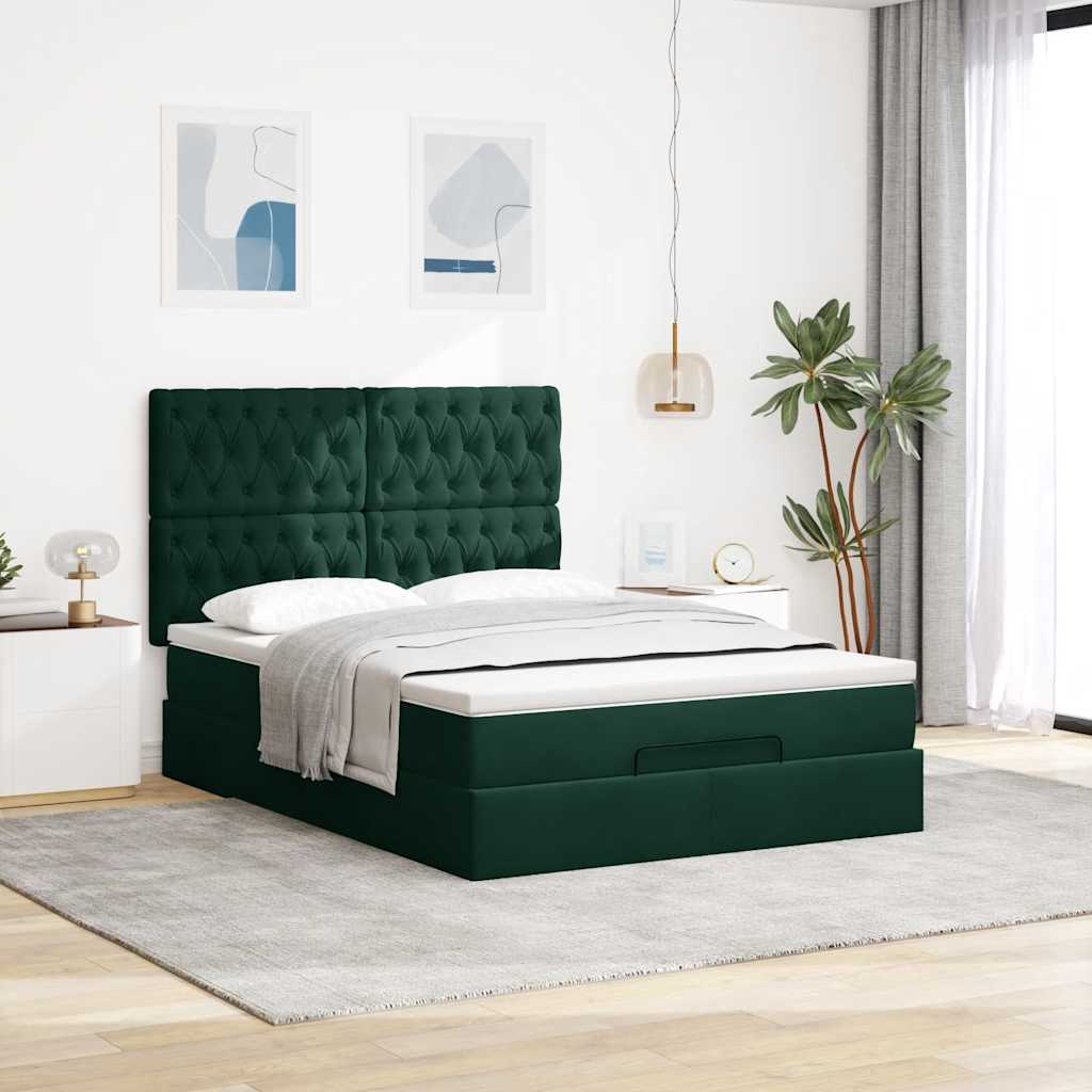 Cadre de lit ottoman avec matelas vert foncé 140x190 cm velours