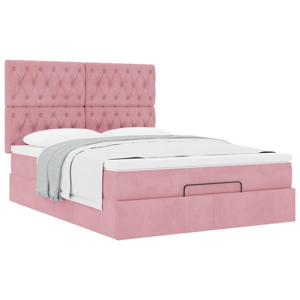 Cadre de lit ottoman avec matelas rose 140x190 cm velours - XIOS