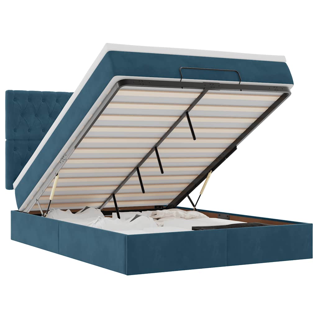 Cadre de lit ottoman avec matelas bleu foncé 140x200 cm velours