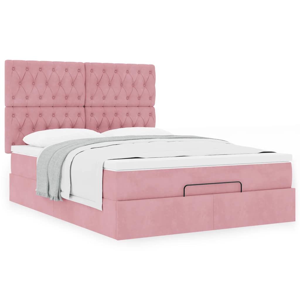 Cadre de lit ottoman avec matelas rose 140x200 cm velours - XIOS