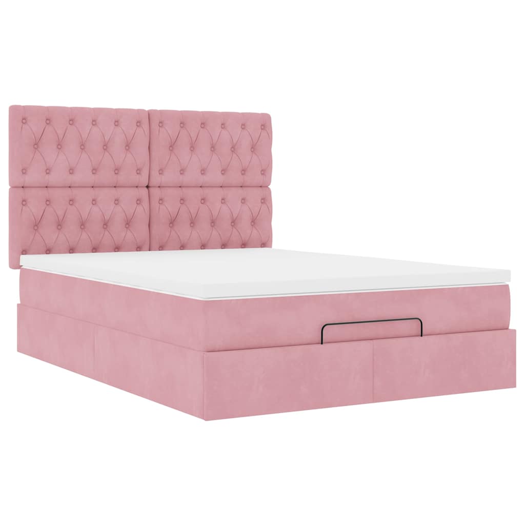 Cadre de lit ottoman avec matelas rose 140x200 cm velours - XIOS
