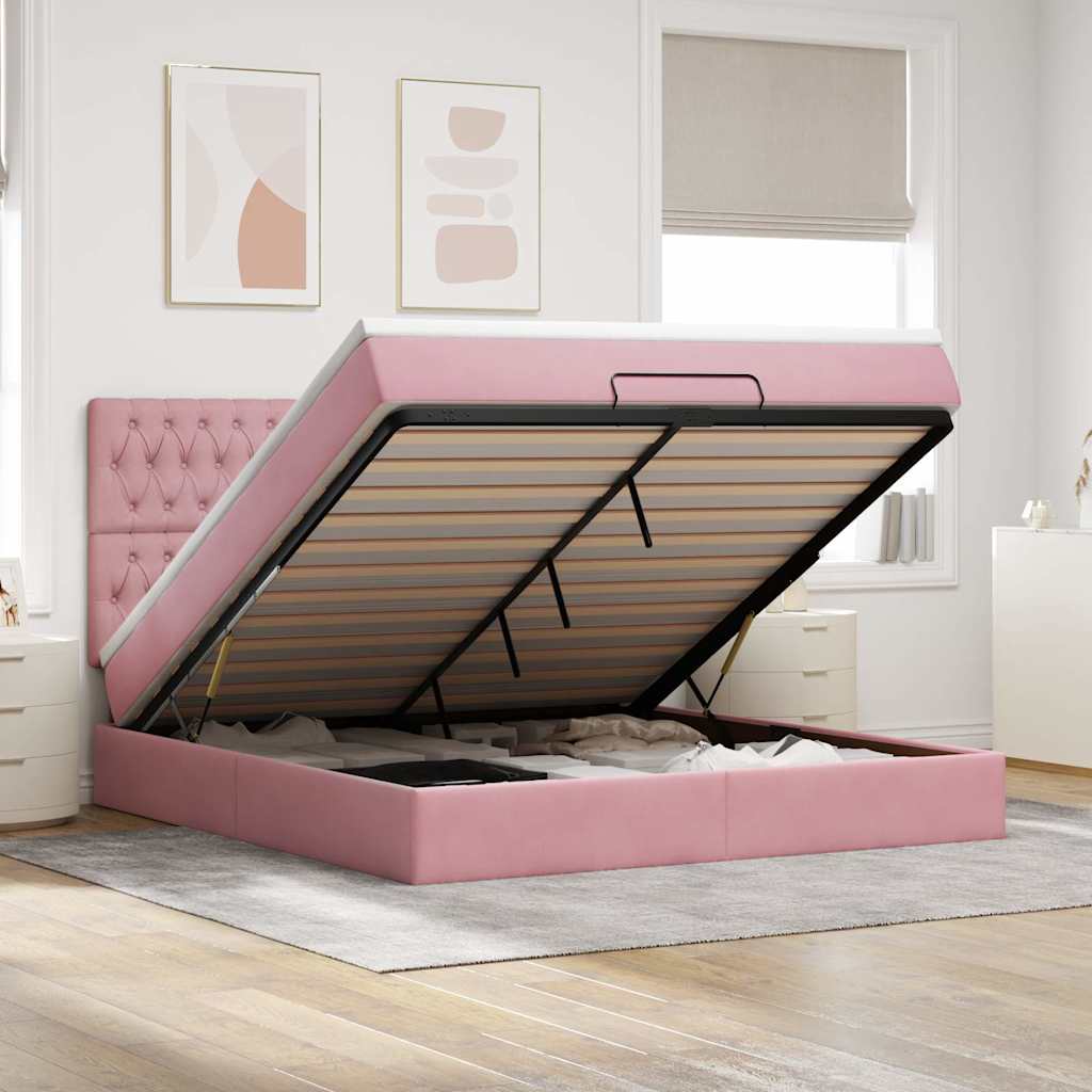 Cadre de lit ottoman avec matelas rose 160x200 cm velours - XIOS