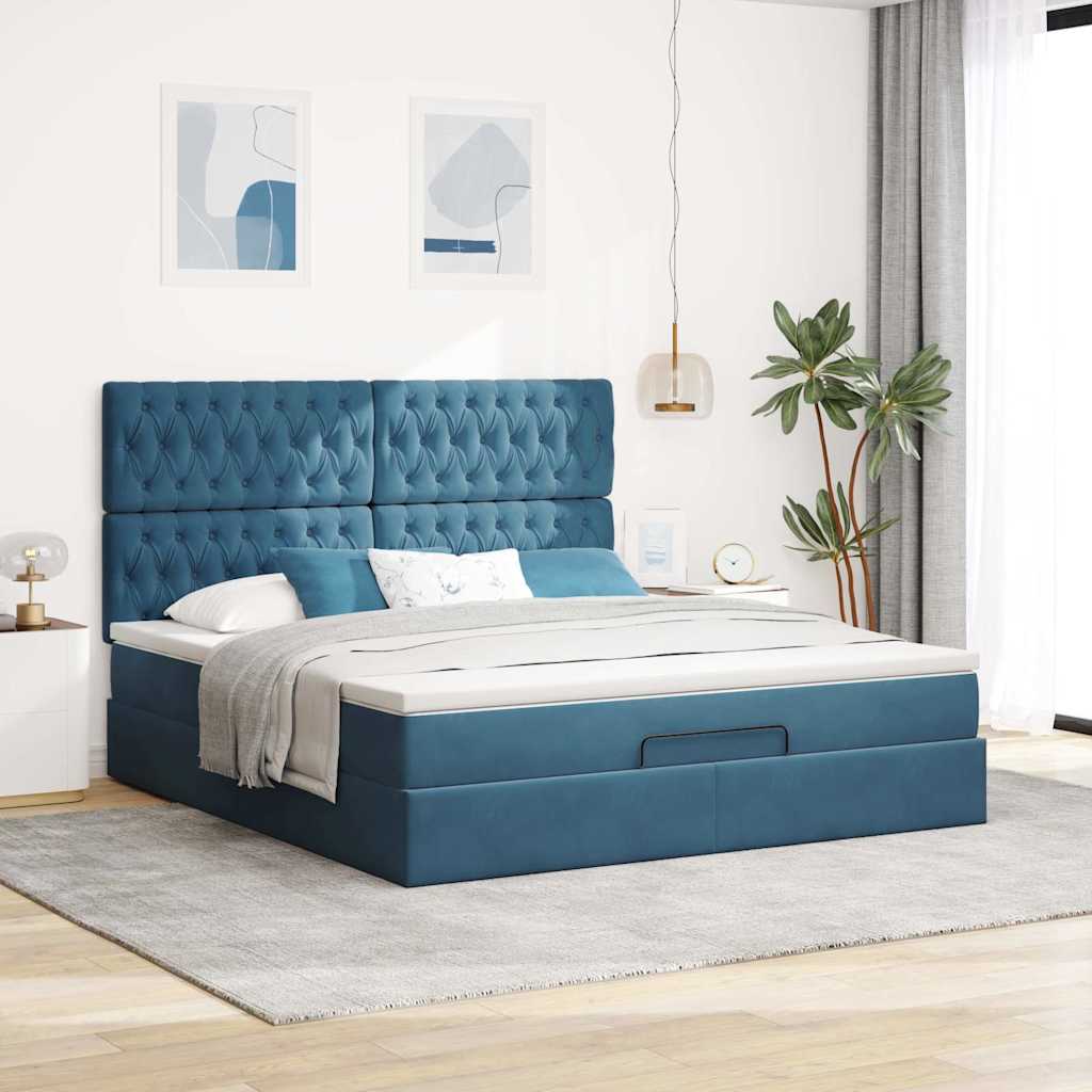 Cadre de lit ottoman avec matelas bleu foncé 180x200 cm velours - XIOS